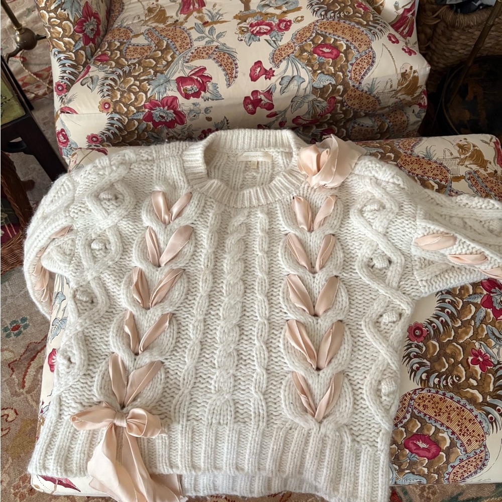 LoveShackFancy White Sweater with Pink Ribbons